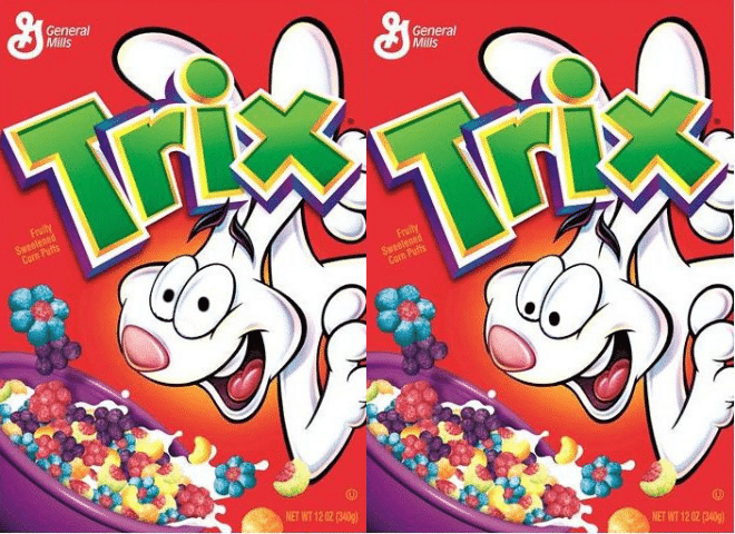 Le due varianti del packaging dei cereali Trix utilizzate nell'esperimento della Cornell University. Versione A a sinistra e Versione B a destra.