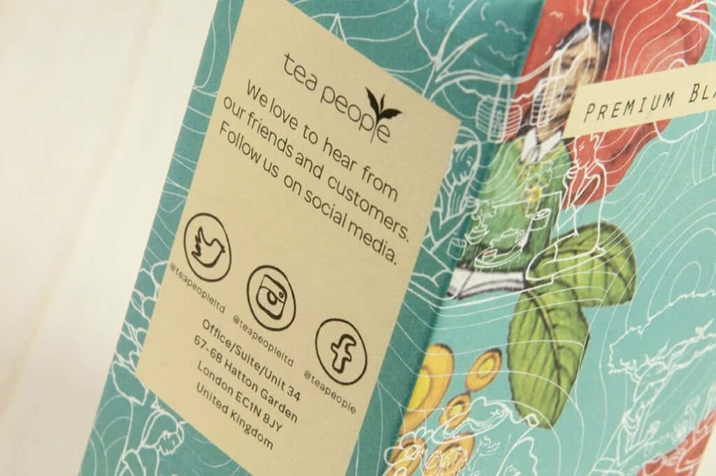 Social Media icons and handles on tea people packaging