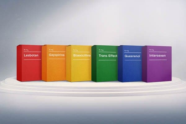 Boxes of rainbow pharmaceuticals for the Pride