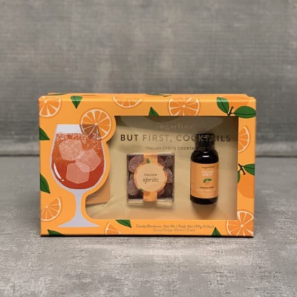 Scatola con finestra con ingredienti per Spritz e caramelle