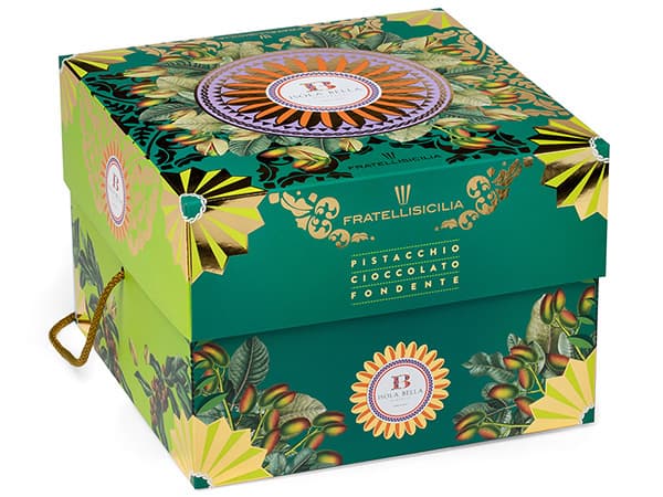 Shimmering bottom and lid box for pistachio panettone