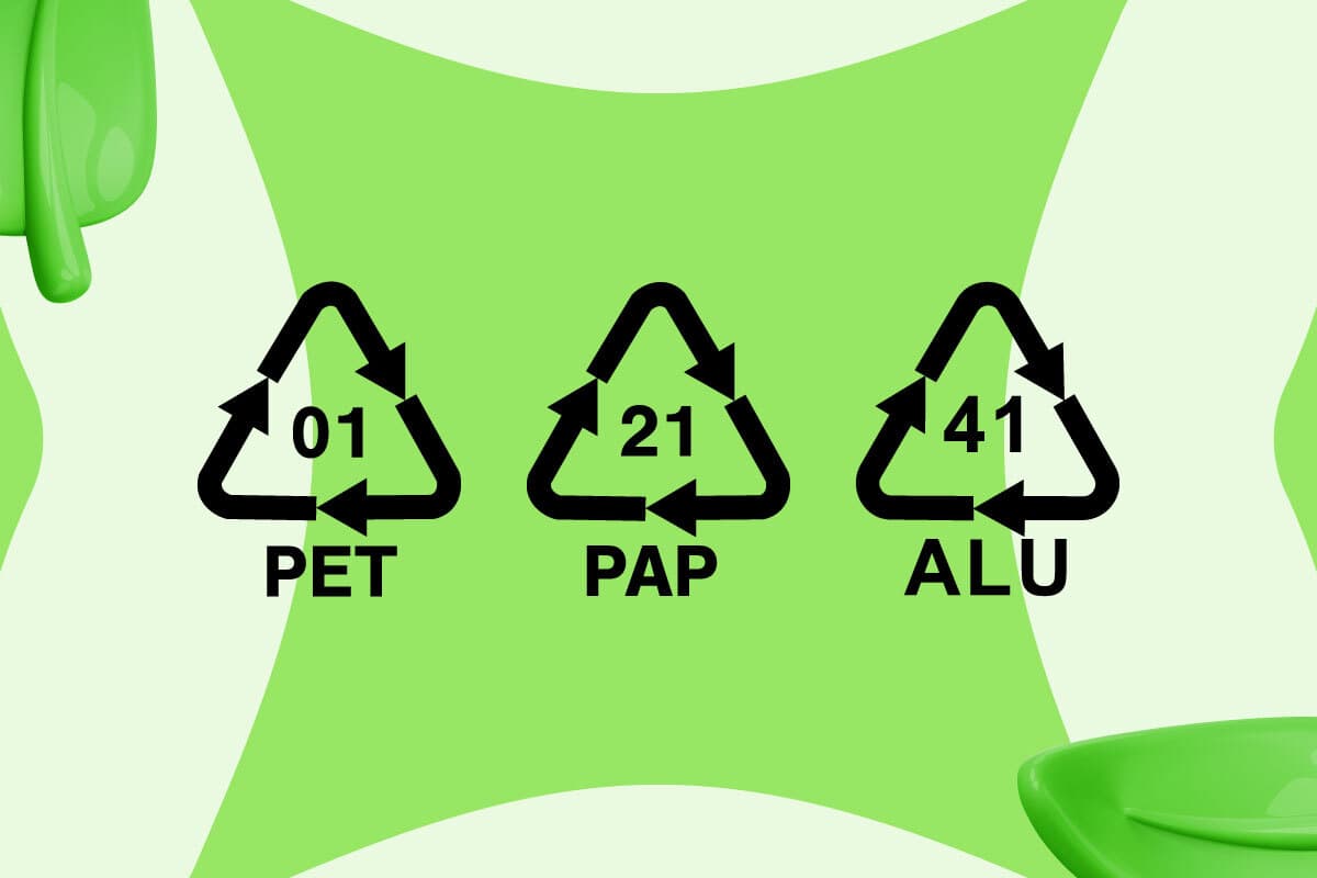 Etichettatura ambientale con simboli PET, PAP e ALU