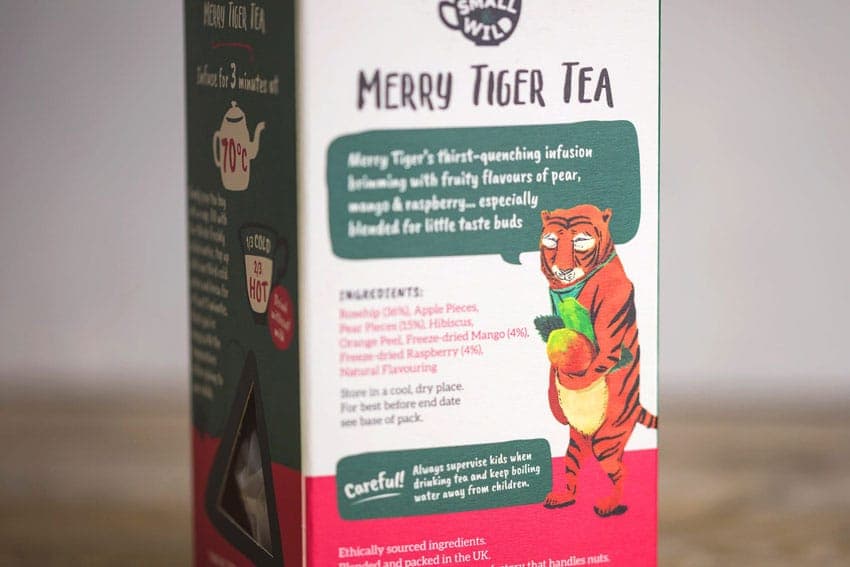 La tigre felice sul packaging design del tè per bimbi