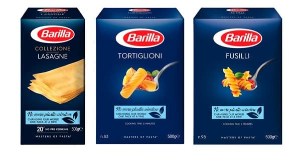 Nuovo packaging Barilla in UK senza finestra in plastica