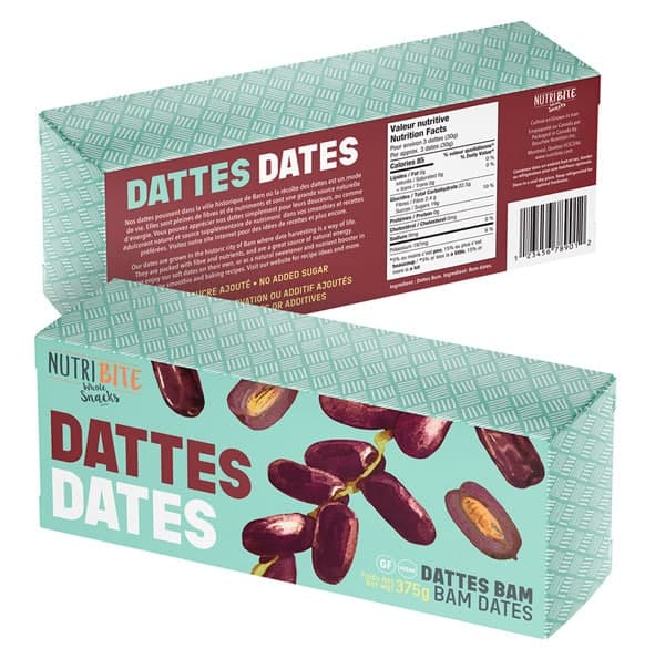 Rollover hinged lid box containing date-flavored wellness products