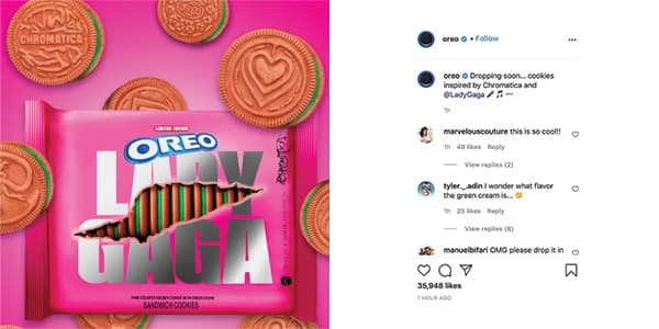 L'annuncio di Oreo per l'edizione limitata Lady Gaga su Instagram
