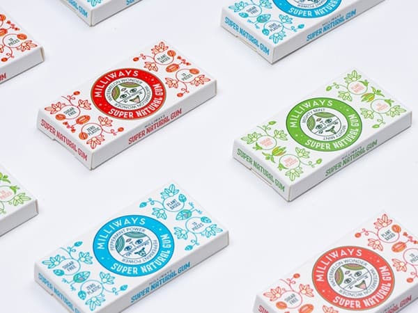 Slim boxes for vegan chewing gums by Milliways