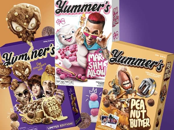 Packaging dei cereali Yummer's con Sfera Ebbasta