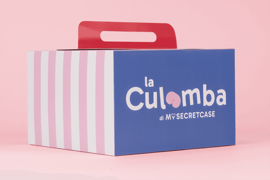 Caja de cartón para colomba de Pascua con asa, en tonos pastel sobre fondo blanco