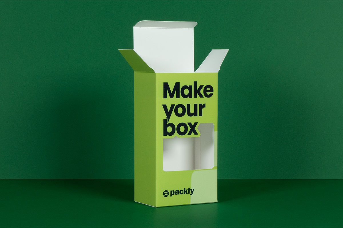 Green box with cut-out positioned vertically