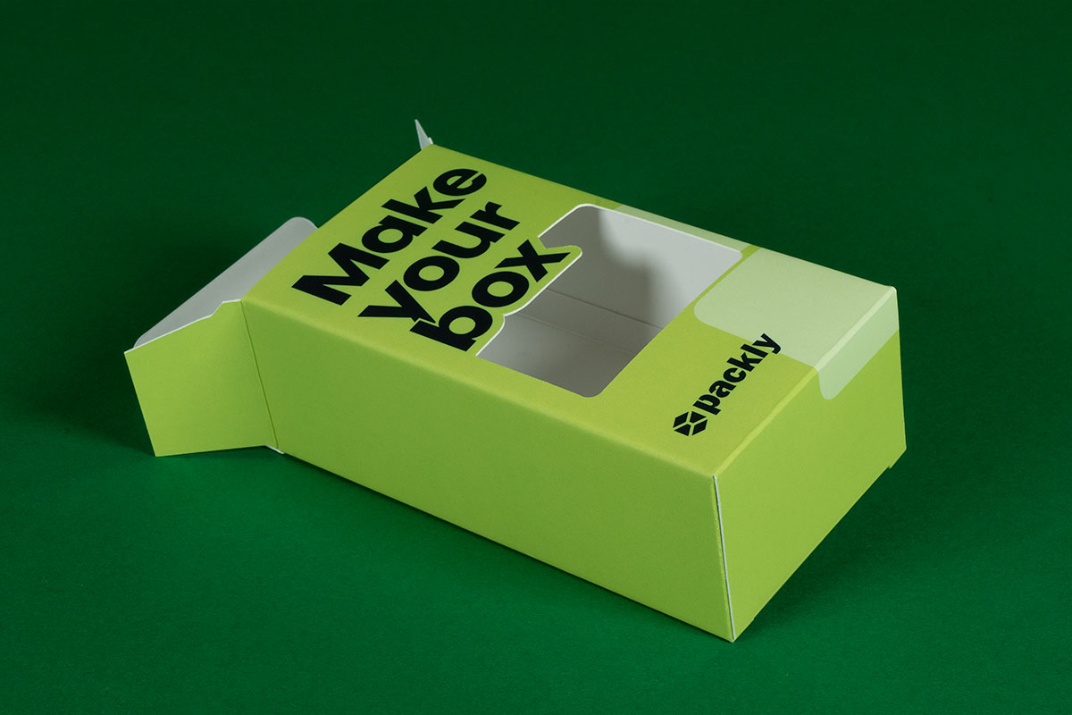Green box with cut-out positioned horizontally